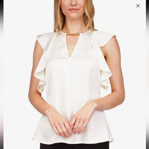 MICHAEL Michael Kors | Ruffle Cap Sleeve Chain Collar Satin Top - Picture 1 of 5